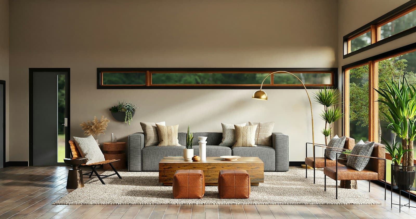 Warm lounge with a low clerestory window, leather seating, and soft lighting